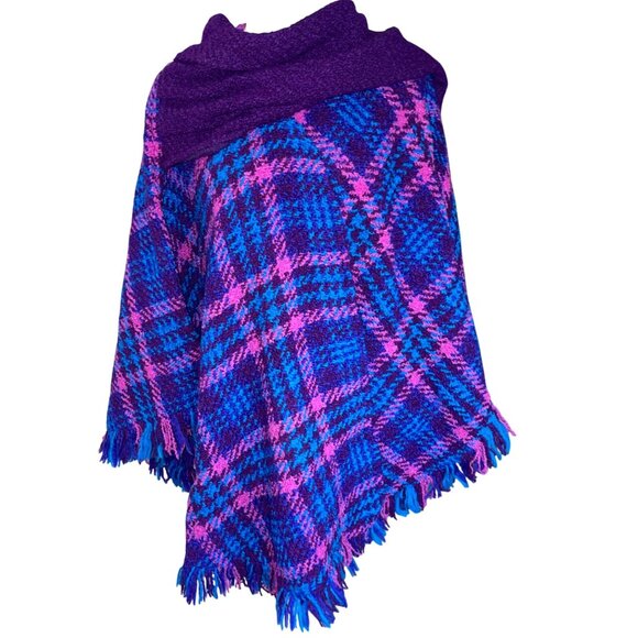 Boyne Valley Weavers Womens One Size Blue Wool Hand Knit Plaid Shawl Poncho - Picture 2 of 11